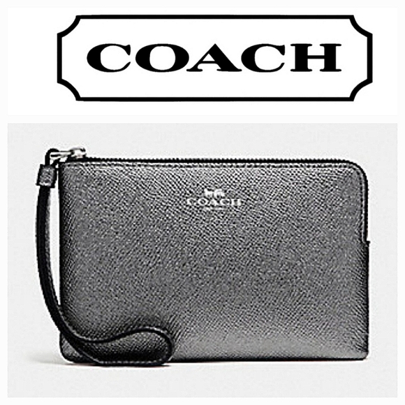 Coach Crossgrain Leather Corner Zip Wristlet #F21070 in Metallic Gunmetal - Picture 1 of 7